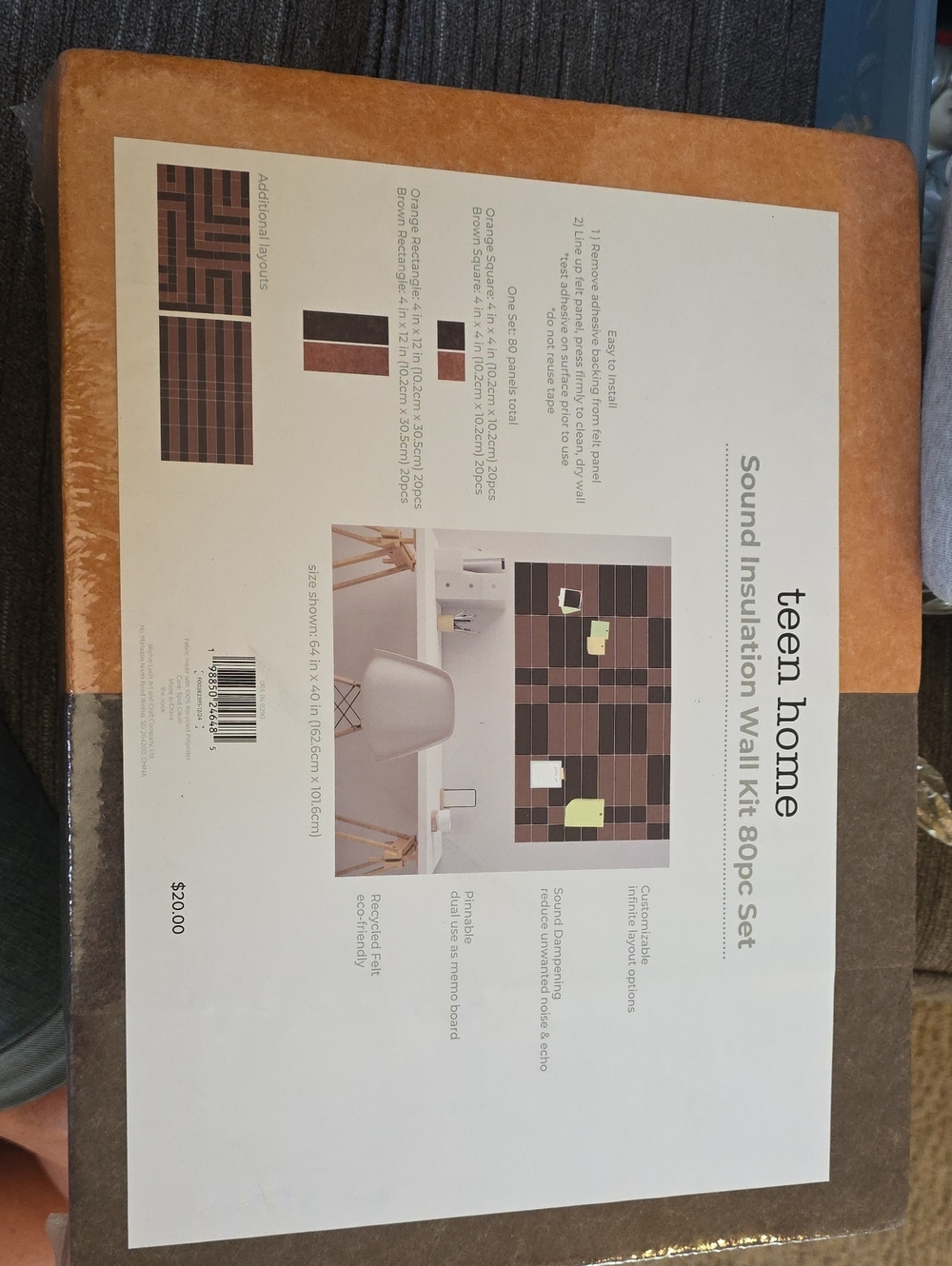 Teen Home Sound Insulation Wall Kit - Brown/Tan Checkered Panels 80 Pc Set